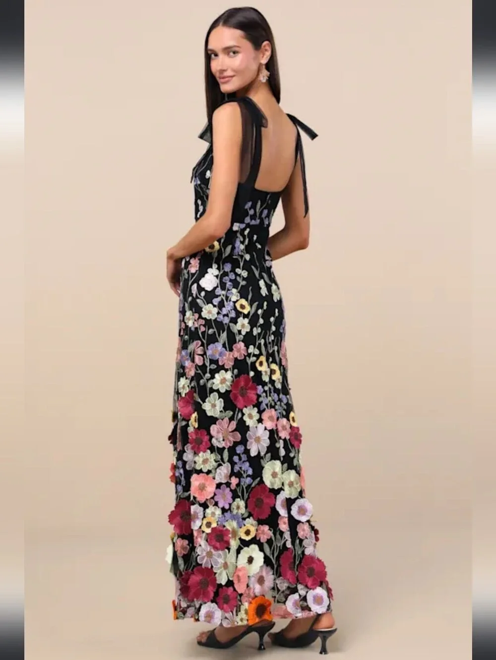 Lulus Thriving Poise Black 3D Floral Embroidered Tie-Strap Maxi Dress - Picture 5 of 16